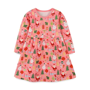 Rosafarbenes Weihnachts-Langarmkleid für Mädchen aus Baumwolle mit festlichen Motiven