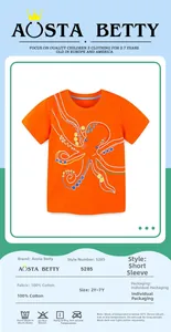 Dettaglio della t-shirt arancione in cotone per bambini con polpo e guida taglie 2Y-7Y