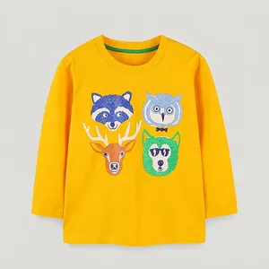 Kids Long Sleeve Katoenen T-Shirt Schattige Cartoon Dierenprint Ronde Hals Casual Pullover Top Voor Jongens Meisjes
