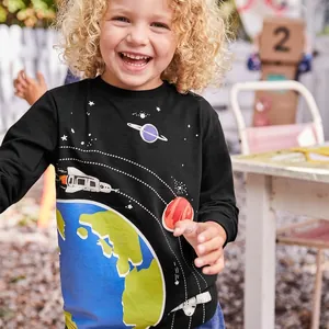 Boys Cotton Long Sleeve T-Shirt Cartoon Space Exploration Fluorescent Print Black Autumn Casual Kids Crew Neck Top