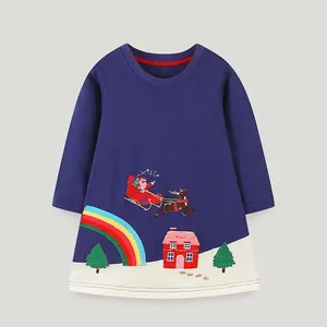 Robe Longues Manches Broderie Père Noël pour Petites Filles Bleu Marine Coton Ligne A Tricot Princesse Vêtement Noël