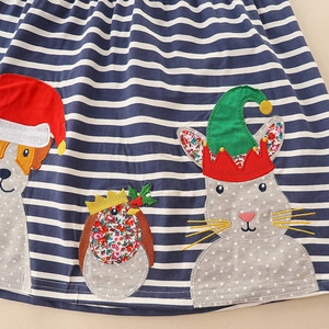 Robe de Noël rayée pour filles avec broderies d'animaux mignons et finitions soignées