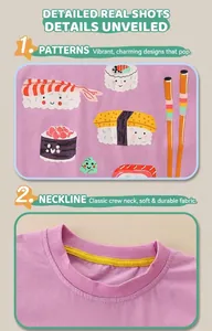 Detail of cotton purple kids T-shirt with cartoon sushi print and reinforced neckline