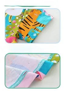 Detail of the high-quality stitching on the cotton sleeve and hem of girl's cartoon dress
