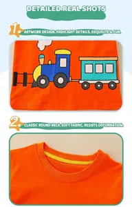Detail of cartoon train print and reinforced yellow neckline on orange kids t-shirt