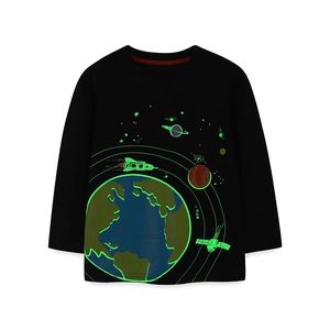 Boys' long-sleeved black cotton T-shirt with neon glow space rocket and planet print
