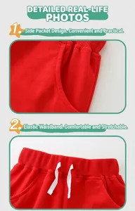 Detail shot of boys red knit sports shorts featuring drawstring elastic waistband and side pockets