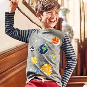 T-Shirt à Manches Longues Garçon Coton Imprimé Planète Espace Lumineux Rayé Patchwork Automne Enfants Top Décontracté
