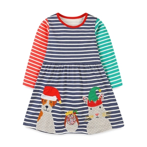 Robe rayée à manches longues pour filles avec broderie festive de chiot et lapin