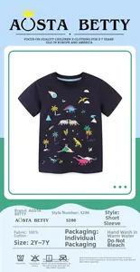 Detail of boys navy cotton T-shirt featuring colorful cartoon dinosaur and volcano print