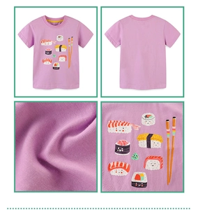 Detail of purple cotton girl T-shirt with cartoon sushi print and ribbed crew neck