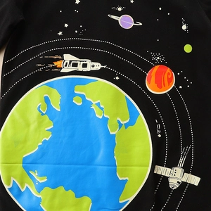 Boys long sleeve black cotton T-shirt featuring cartoon space and planet glow prints