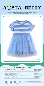 Detailed view of girl's blue striped dress featuring floral and butterfly embroidery