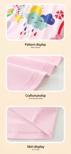 Détail d'une robe rose pour fille avec imprimé arc-en-ciel et finitions à double couture