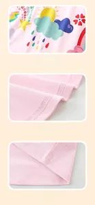 Detail of pink knitted girl's dress featuring rainbow cartoon print and fine double stitching