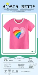 Detailed view of girls pink 100% cotton T-shirt with heart rainbow and star print