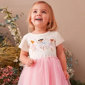 Robe de Princesse en Tulle à Manches Courtes Imprimé Danseuse de Ballet pour Filles Robe d'Été en Coton