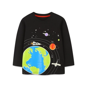 Boys black long sleeve t-shirt with fluorescent space rocket and planet print on front