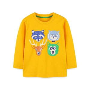 Geel kindershirt met lange mouwen en kleurrijke cartoon dierenprints van katoen