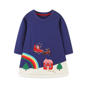 Robe fille à manches longues bleu marine avec broderies Père Noël et rennes pour Noël