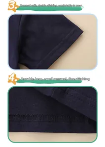 Detail of double-stitched cuff and hem on navy blue cotton t-shirt for boys