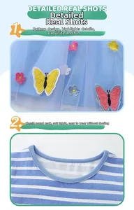 Detail of embroidered butterflies and flowers on blue mesh with striped cotton neckline