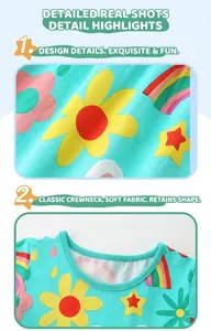 Détail de robe en coton doux pour enfants avec imprimé fleurs arc-en-ciel et col rond