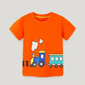 Boys 100% Cotton T-Shirt Western Style Casual Cartoon Train Print Round Neck Short Sleeve Top For Kids Summer Daily Wear