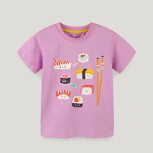 Girls Short Sleeve Cotton T-Shirt Purple Cartoon Sushi Print Crew Neck Summer Kids Top Casual Comfortable Clothing