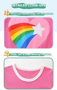 Close-up of pink cotton T-shirt featuring rainbow heart print and ribbed crew neckline