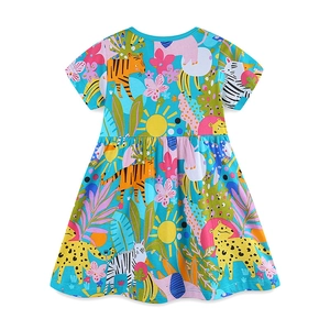Blue cotton girl's summer dress with bright cartoon jungle animals and tiger print