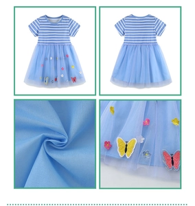Close-up of delicate flower and butterfly embroidery on the striped princess mesh dress