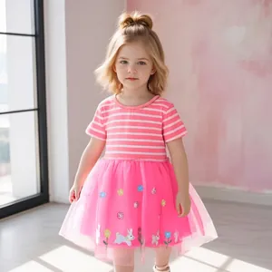Mädchen Cartoon Hase Stickerei Gestreiftes Prinzessin Netz Kleid Sommer Kurzarm Baumwolle Tüll Partykleid Für Kleinkinder