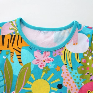 Girls summer cotton dress featuring colorful cartoon animal prints and a blue round neck