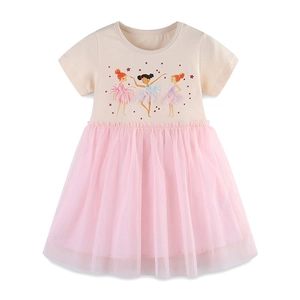 Robe à manches courtes ballerine avec jupe tutu en tulle rose multicouche pour filles