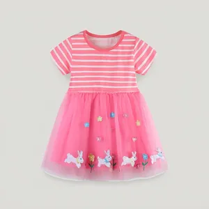 Robe rayée rose pour fille avec broderie lapin mignonne et jupe en tulle multicouche