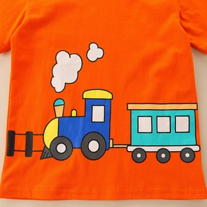 Boys orange cotton T-shirt with cartoon train print for summer casual wear