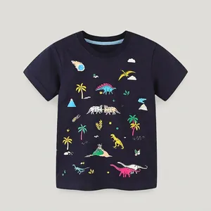Kids Boys Cartoon Dinosaur Print T-Shirt Soft Cotton Short Sleeve Casual Top Round Neck Summer Children Clothing Navy Blue