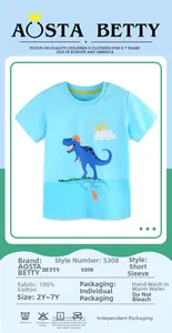 Détail du tissu 100% coton et de l'imprimé dinosaure sur l'ensemble bleu à manches courtes