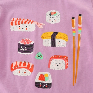 Girls' lavender cotton T-shirt featuring cute kawaii sushi characters and chopsticks print