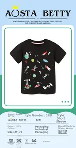 Detail view of boys' black 100% cotton space print t-shirt showing size 2Y-7Y and fabric info