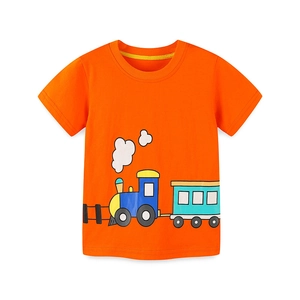 Orange cotton short-sleeve T-shirt for boys featuring a colorful cartoon train print