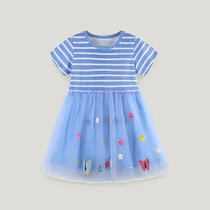 Summer Girls Short Sleeve Striped Princess Dress Sweet Butterfly Floral Embroidered Mesh Tulle Tutu Dress For Party Kids