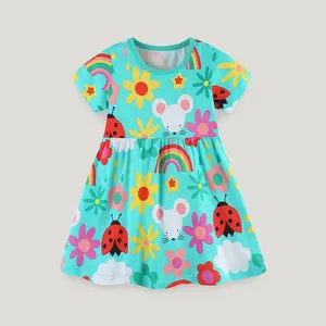 Summer Girls Cotton Cartoon Animal Print Short Sleeve Dress Mint Green Princess Round Neck Dress For 2-7 Years Kids