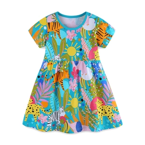 Blue cotton girls summer dress featuring vibrant cartoon forest animal prints and round neck