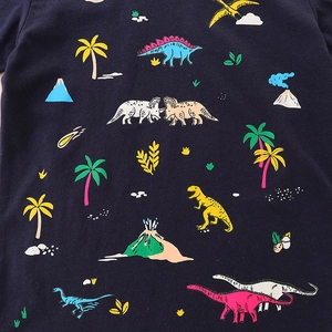 Boys short sleeve cotton t-shirt featuring vibrant cartoon dinosaur all-over print