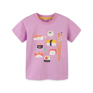 Girls summer t-shirt in lavender with cute sushi cartoon print and round neck knit cotton
