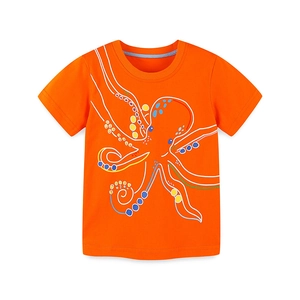 T-shirt da bambino arancione in cotone con stampa a polpo cartone animato e pois colorati