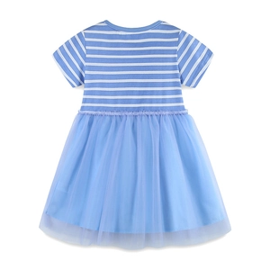 Girls striped short sleeve dress with light blue tulle skirt and floral embroidery details