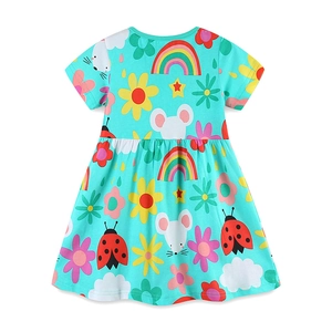 Summer girls' blue cotton dress with cartoon animal prints and rainbow patterns